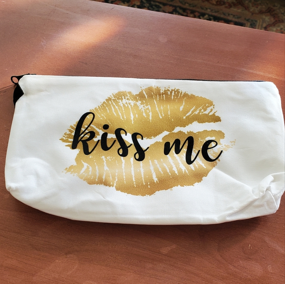Gold and White Kiss Me Cosmetic Bag